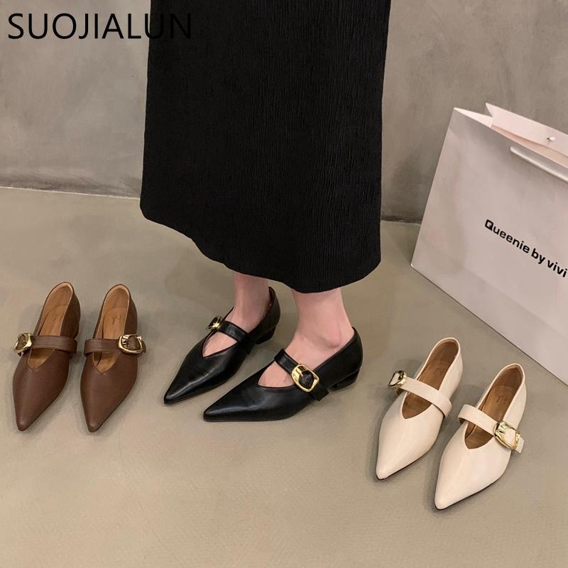 Fashion SUOJIALUN Women Flat Shoes Fashion Pointed Toe Shallow Slip On Ladies Dress Ballet Shoes Flat Heel Ladies Casual Mary Jane Shoes