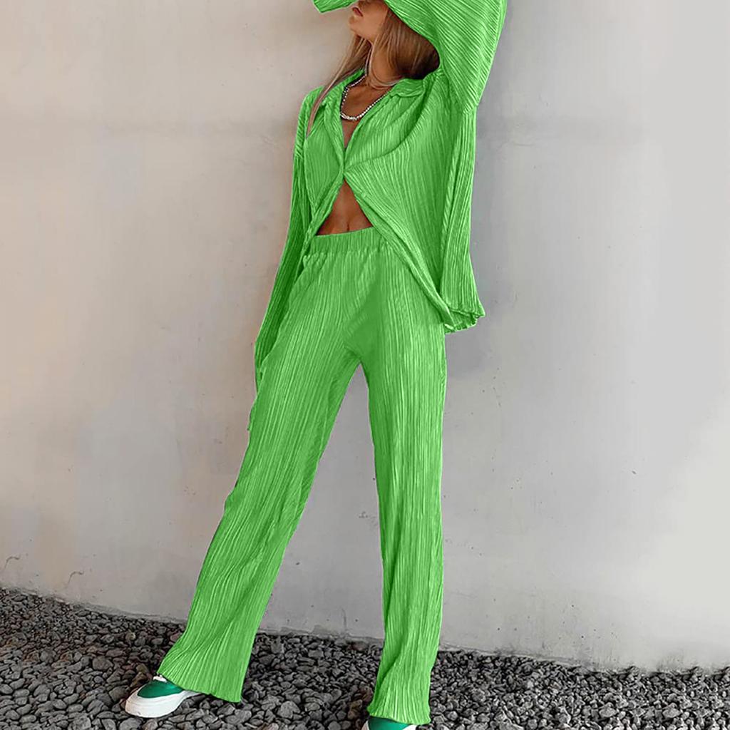 Women's 2 Piece Casual Outfits Long Sleeve Button Down Shirt High Waist Long Pants Loungewear Streetwear