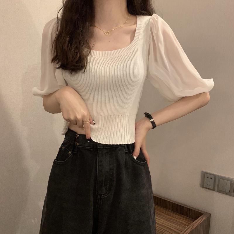 French Square Neck Bubble Short Sleeved Knitted Sweater for Women's Summer Korean Version Slim Fit and Slimming Short Top