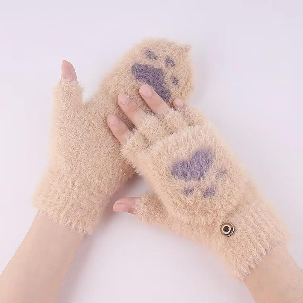 Fingerless Cat Paw Gloves Warm Fleece Touch Screen Gloves New Flip Knit Mittens  Women Girls