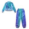 Kids Girls Hip-Hop Jazz Dance Costume Complete Set: Metallic Zipper Jacket & Pants, Stand Collar Long Sleeve Stage Outfit