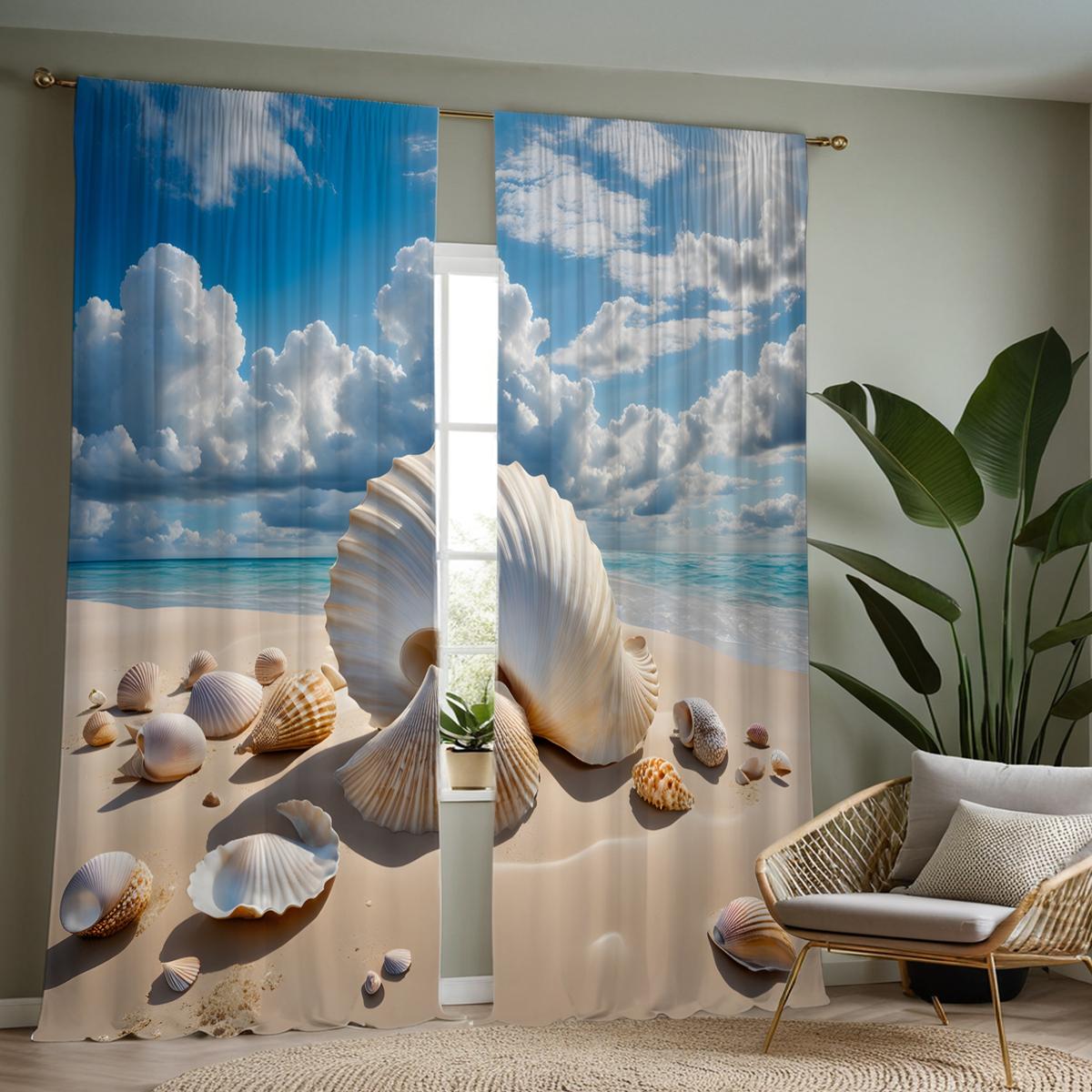 

2 шт. HD Blue Sky White Cloud Beach натуральная декоративная занавеска с ракушками Синяя занавеска с цифровой печатью Домашнее украшение в стиле De W52H63inchW132H160cm