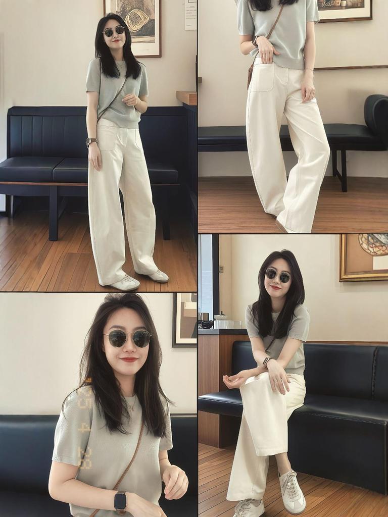 Plus Size Korean Style Casual Summer Outfit: Knit T-shirt & Wide Leg Pants Set for Women