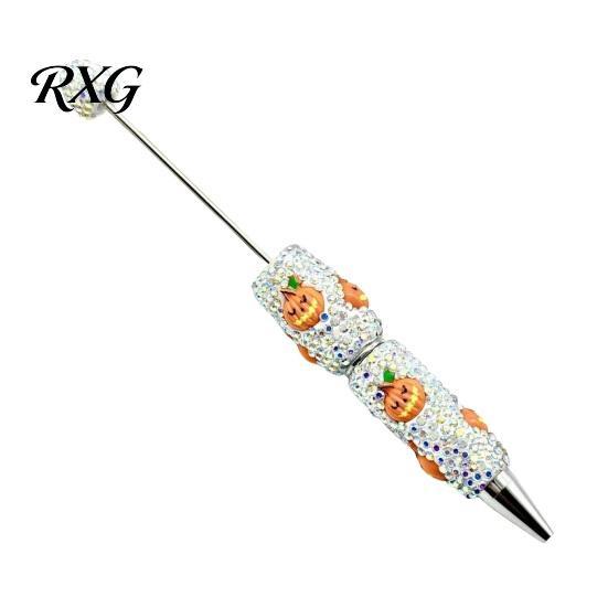 Sparkly Rhinestone Pen Beadable Pen, Glitter Plastic Beaded Halloween Pumpkin Ghost Skull Office Supplies Gel Ink for DIY Craft Making, School Set