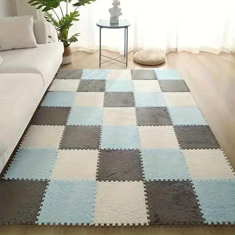 

12 шт. Плюшевый пенопластовый коврик для пола Квадратные самоблокирующиеся ковровые плитки Пушистый игровой коврик Мягкие коврики для лазания для дома, игровой комнаты