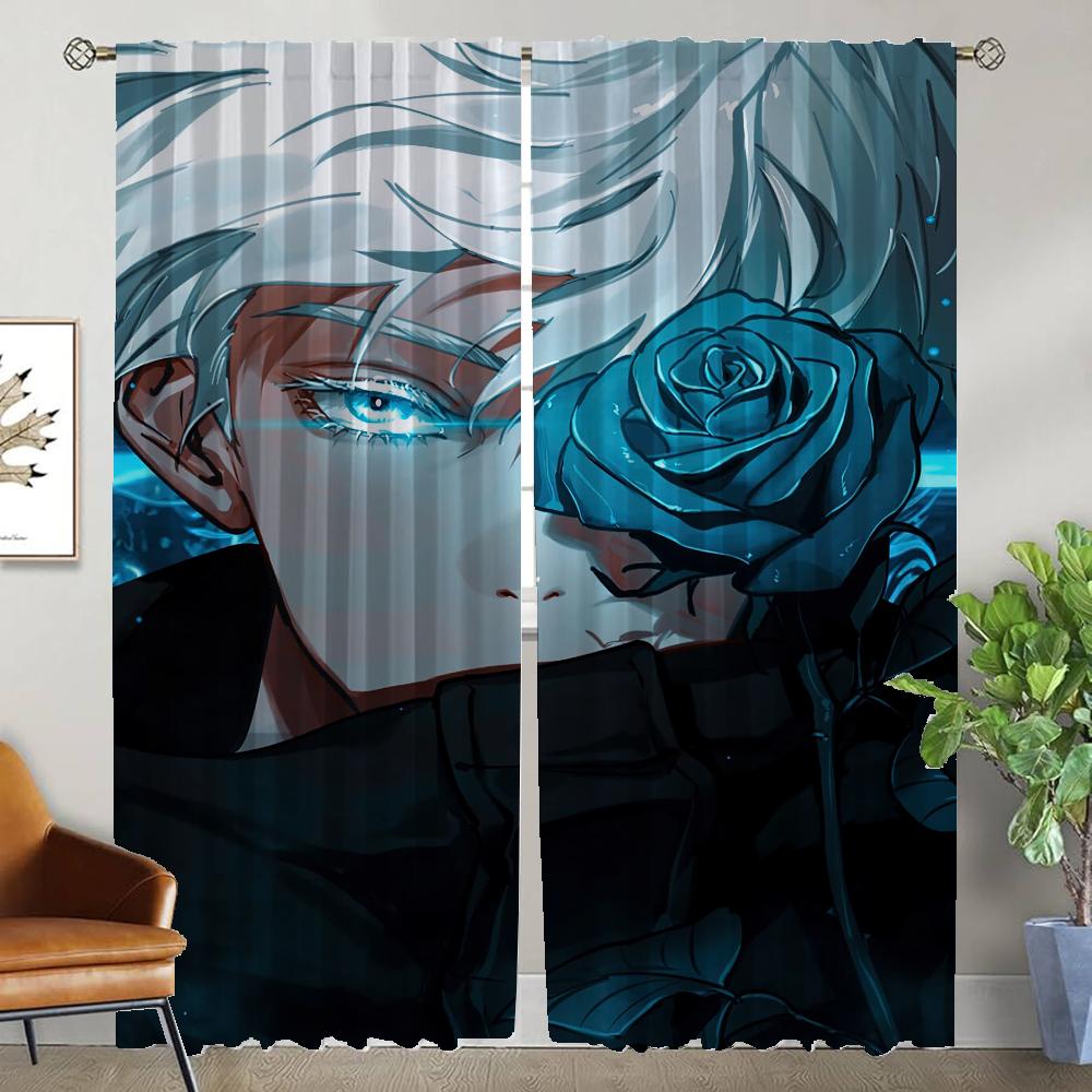 Gojo Satoru Halloween Decoration Kitchen Curtains 2 Pieces Tulle for Bedroom Elegant Room Curtains Window Curtain Partition Home