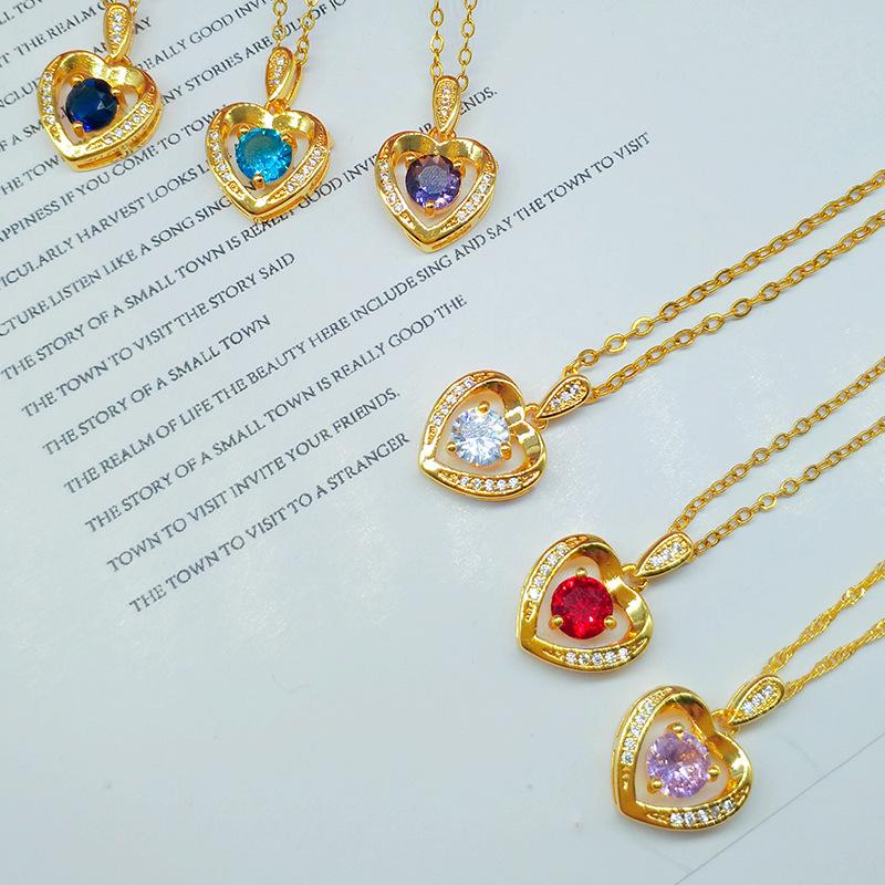 Gold Plated Heart Pendant Necklace with Micro-Paved Diamonds for Women.