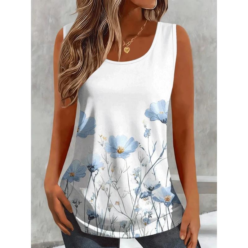 Fashion Women's V-Neck Sleeveless Short Sleeve 2D Flower Color Printing Flower Sleeveless Short Sleeve V-Neck Sleeveless T-Shirt