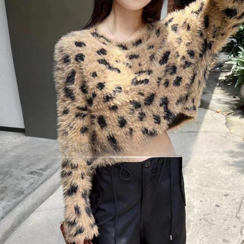 Imitation Mink Fur Loose Long Sleeve Cropped Sweaters Women Autumn Winter Fashion Leopard Print Pullover Sweater Ladies Elegant Slim Knitwear 24792