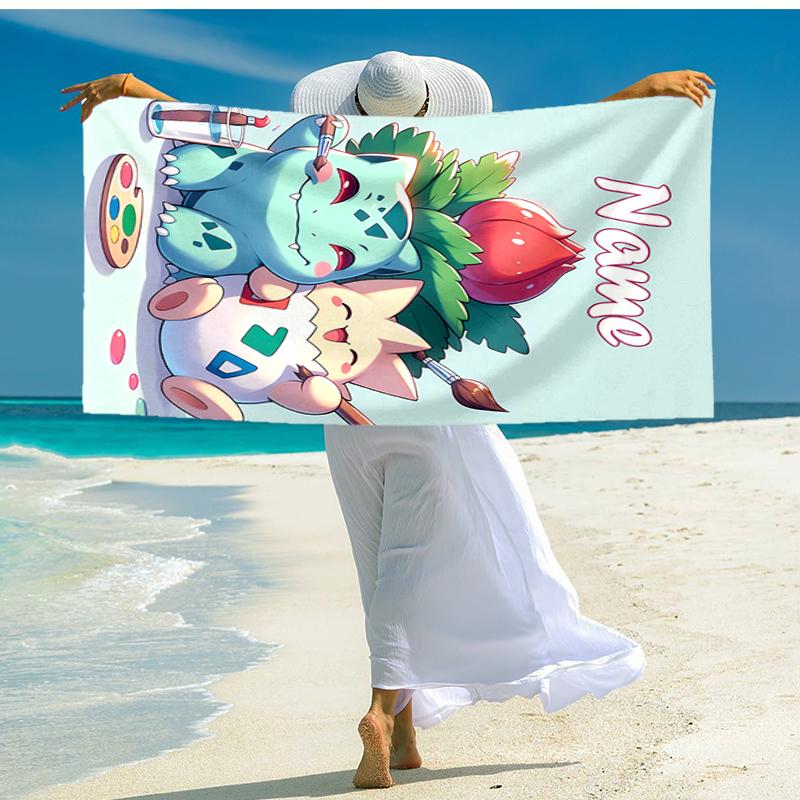 Personalized customized proof beach towel with Pokémon Bulbasaur pattern - soft, absorbent,quick-drying,perfect swimming,camping&bathing