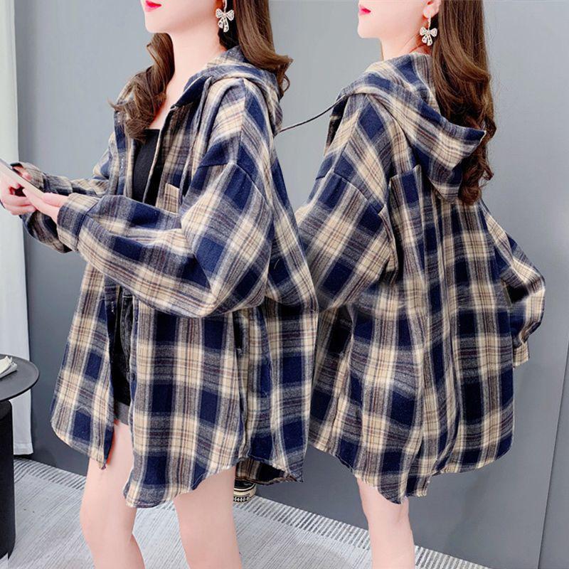 

Женская клетчатая рубашка с капюшоном: Весна/Осень 2024, Корейский стиль, Свободный крой, Большой размер, Куртка с длинным рукавом 2XL
