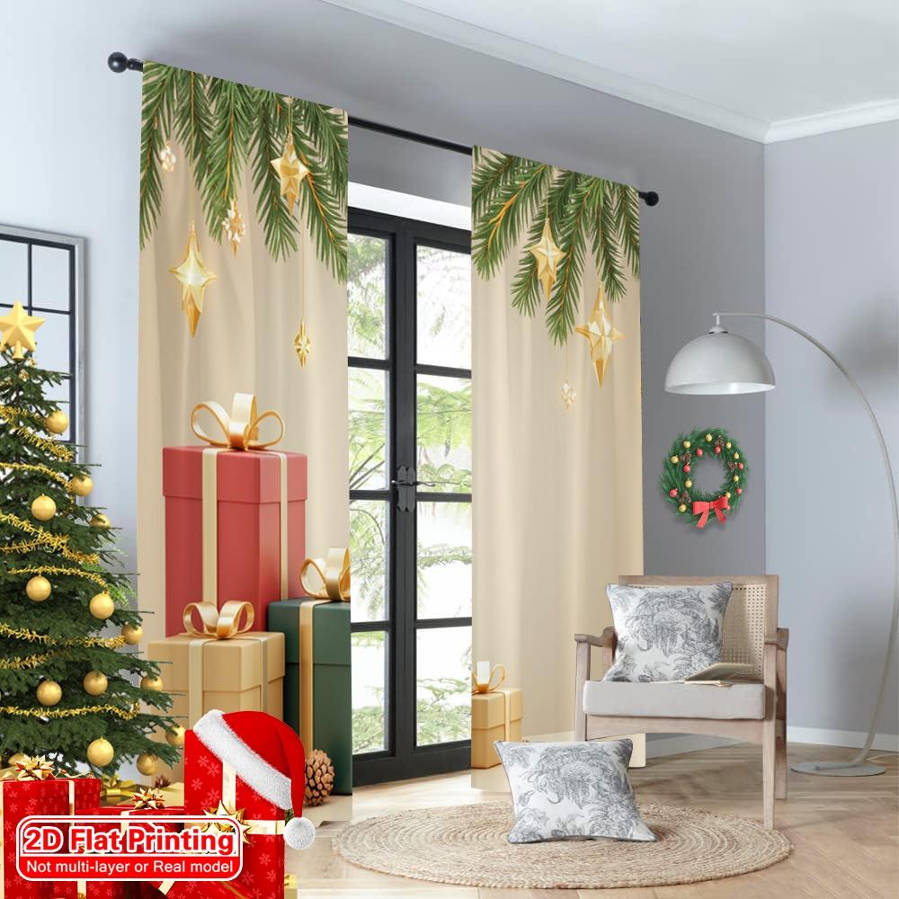 2pcs 2D Flat Printing Christmas Curtains Christmas Gifts Pinecones Ornaments Stars Fabric Without Electricity Festive Holiday
