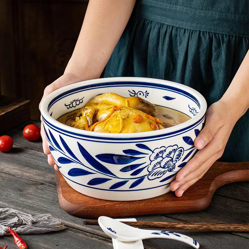 Retro Blue & White Porcelain Double Ear Round Jar - Large Deep Soup or Rice Bowl, Creative Ceramic Tableware for Hotels & Restaurants