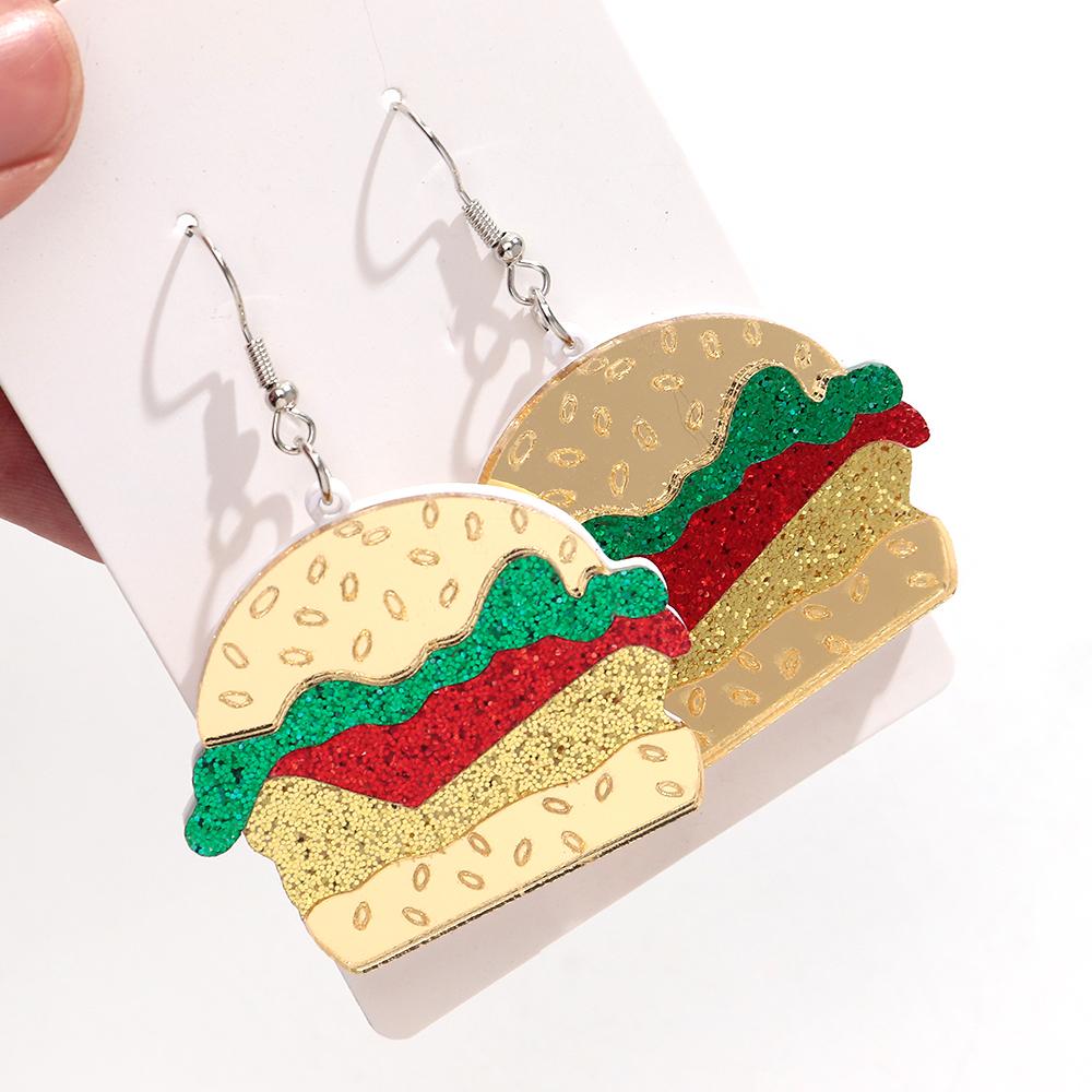 Funny Mirrored Acrylic Hamburger Drop Earrings for Women Fashion Glitter French Fries Food Dangle Earring Party Jewelry Gifts