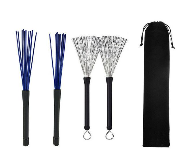 Jazz Drumsticks Set: Stainless Steel Wire Drum Brushes & Nylon Drum Brushes with Telescopic Handles in Velvet Bag