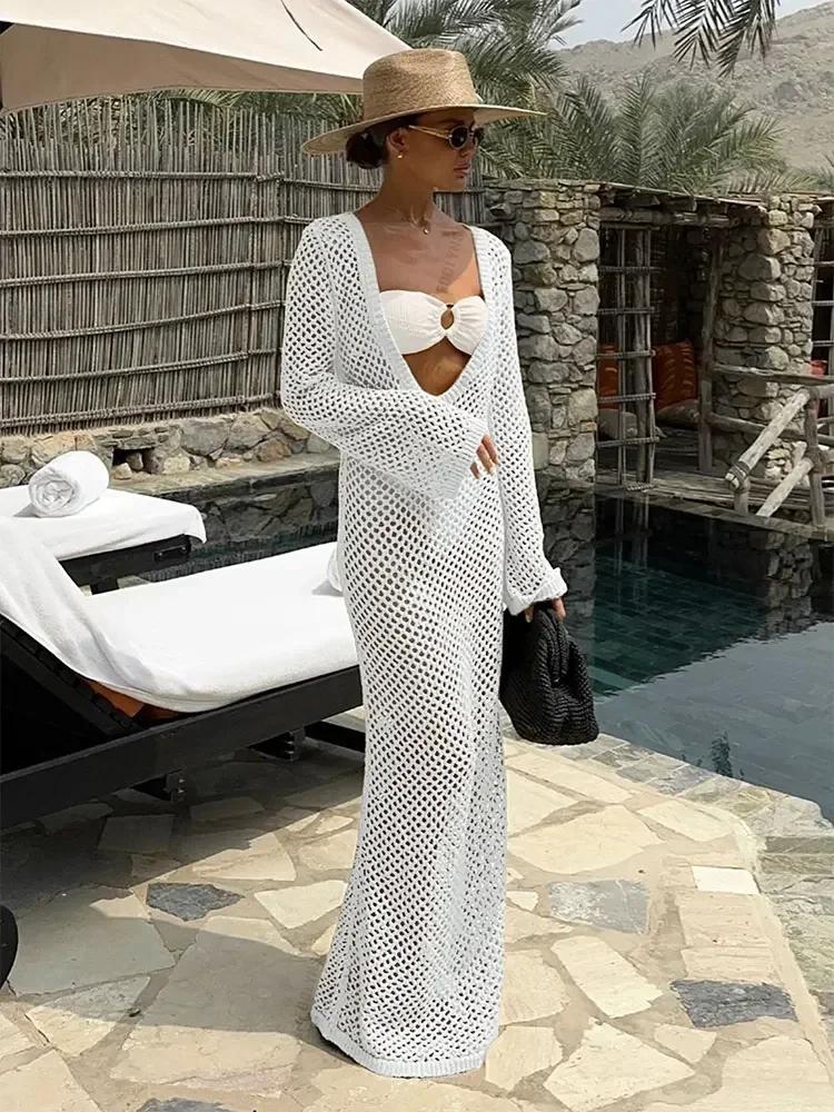 Sexy U-neck Bell Sleeve Knit Maxi Dress Summer 2024 Women Swimwear Feminine Bikinis Cover-ups Holiday Crochet Beach Outfit K21