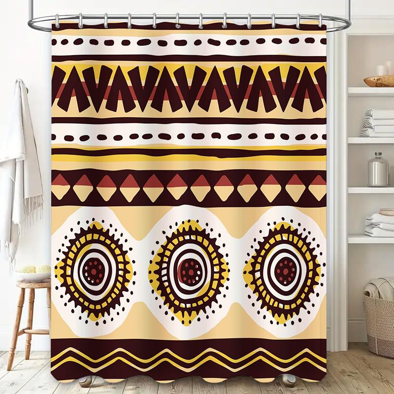 Decorative Shower Curtain With African Print Design Modern Bath Rug Decoration, Rustic Decor, Dark Beige Color, Polyester Fabric