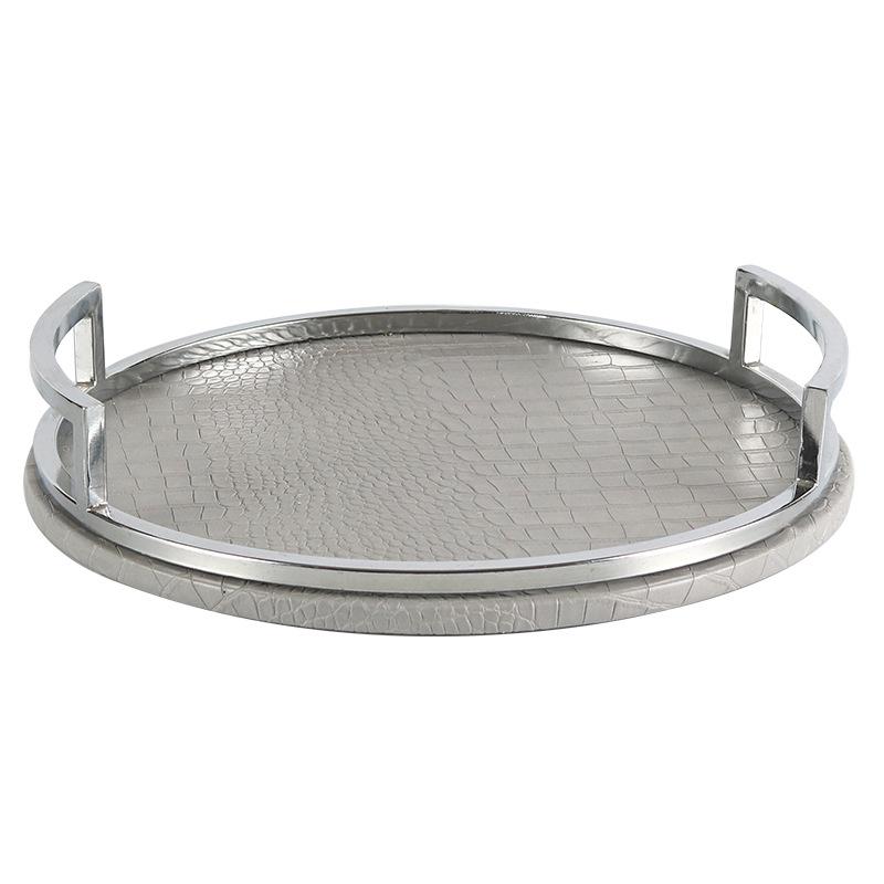 Light Luxury Leather Metal High Handle Round Tray Ornaments Model Room Sales Office Bed and Breakfast Study Room Designer Accessories