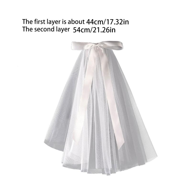 Wedding Veil with Metal Comb Wedding Hair Accessories for Flower Girl 2 Tier Tulle Length 18" Bow Ribbon Embellished