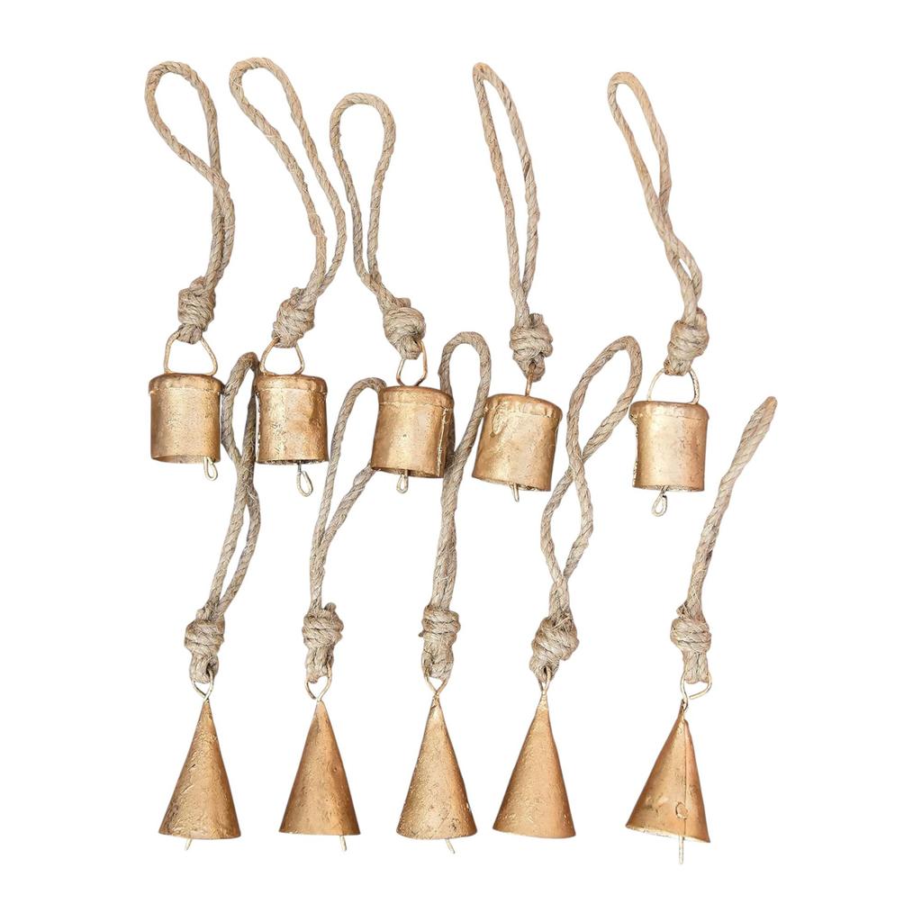 Vintage Gold Cow Bells for Christmas Decor, Pack of 10 Handmade Tin Jingle Bells for DIY Craft Projects and Boho Farmhouse Ornaments