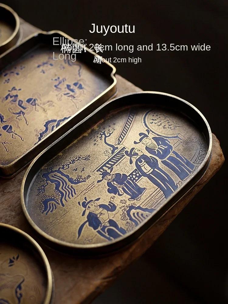 Tea Art Song Style Antique Pure Copper Painted Pot Tray Handmade Brass Pot Mat Copper Tea Tray Dry Teapot Platform Tea Table