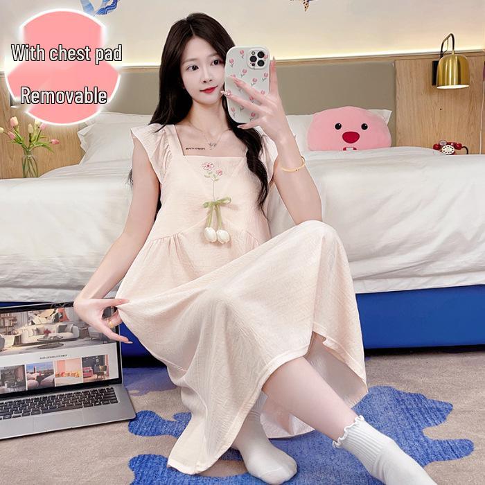 

Women s Summer Sweet Princess Style Cotton Pajama Set with Built-in Bra Camisole and Long Nightgown, Plus Size Homewear L