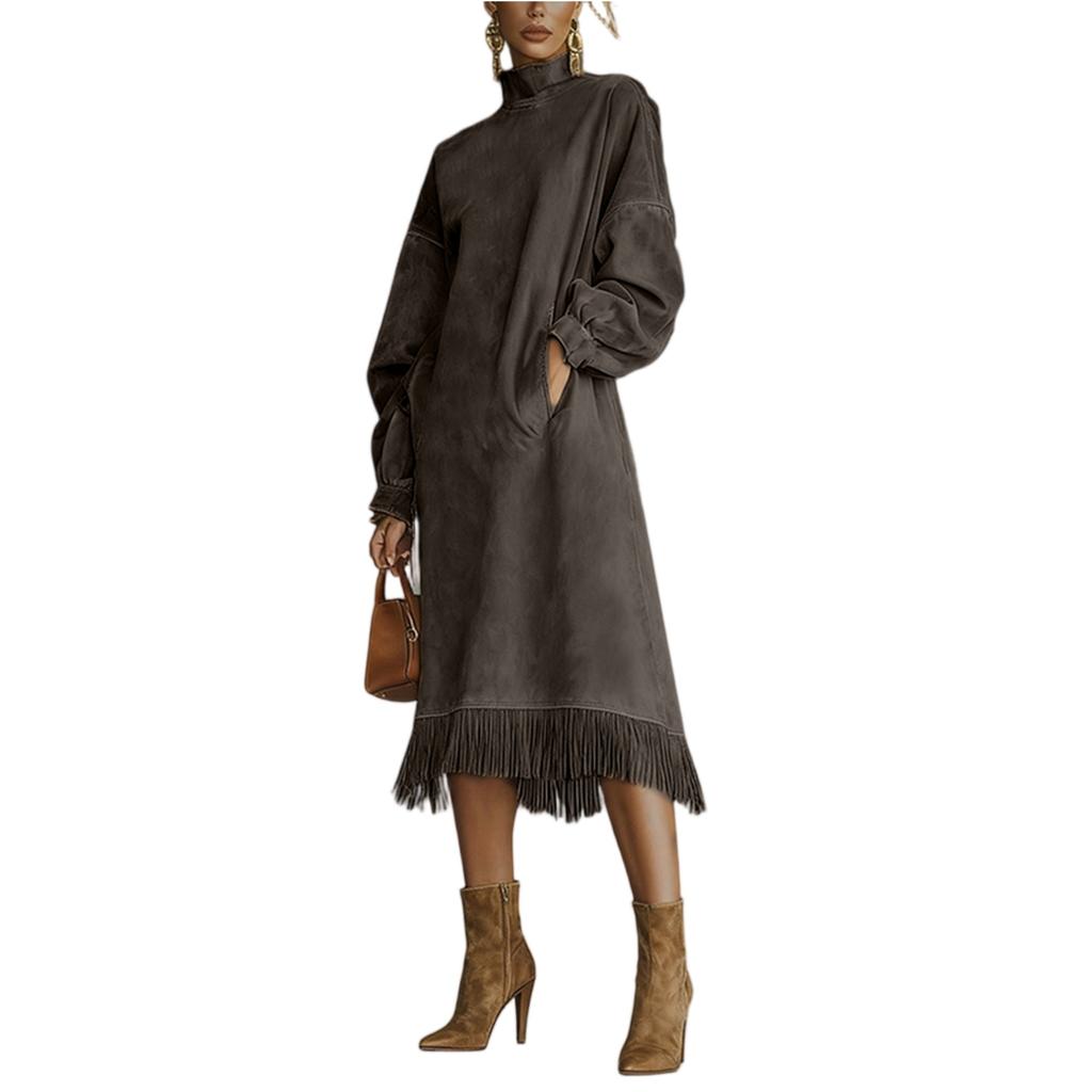 Damen Langarm Casual Retro Locker Hoher Kragen Wildleder Tasche Quaste Kleid