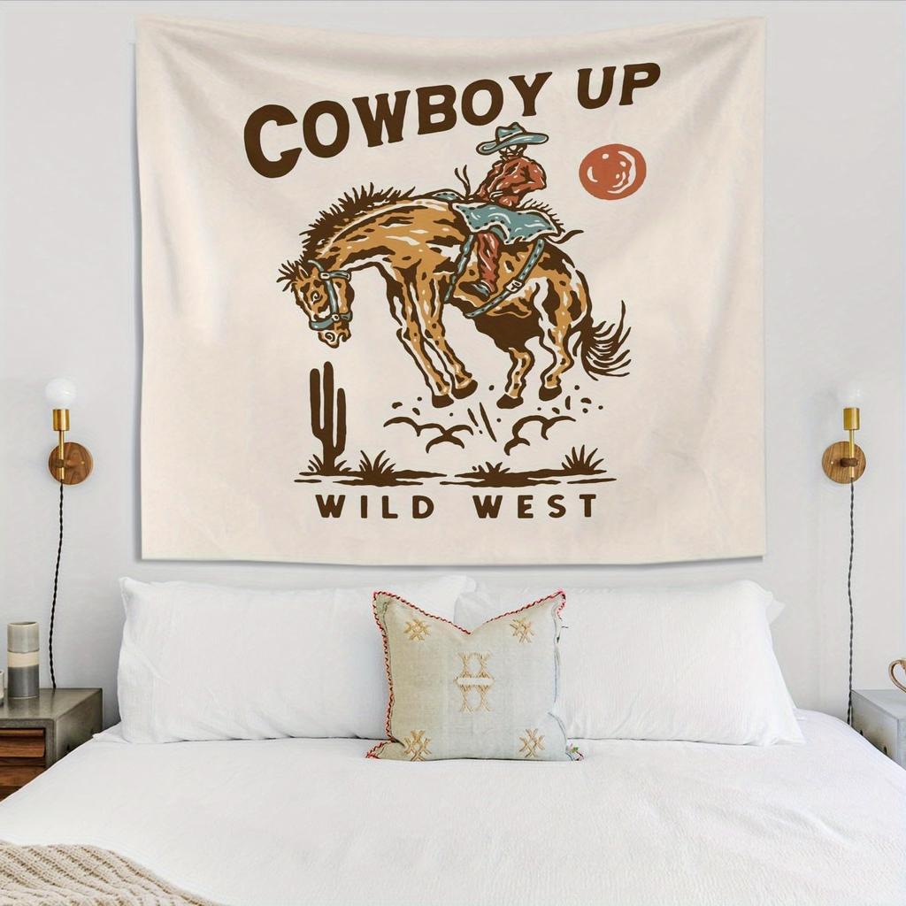 Retro Western Tapestry With A Classic "Cowboy Up" Design, Featuring A Cowboy On Horseback In The Wild West, Perfect For Adding
