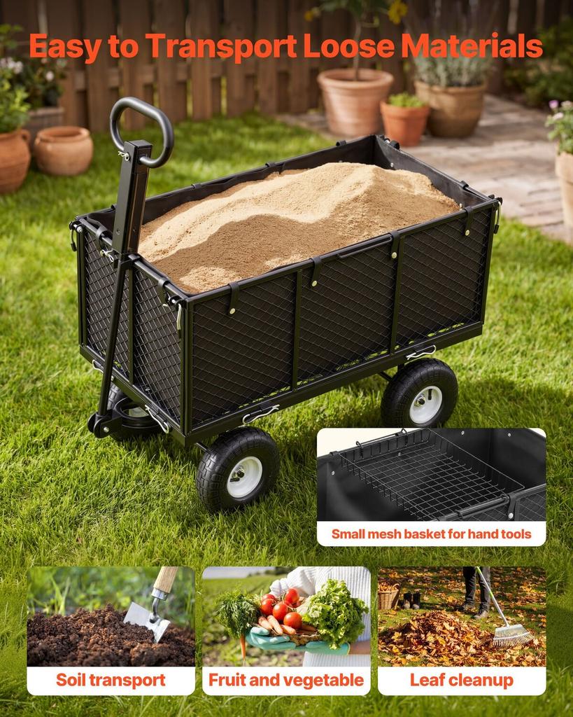 Garden Cart, 544.3 kg, Heavy Duty Steel Hand Trolley, Yard Utility Wagon Outdoor Transport Cart with 10-Inch Tires, Adjustable Handle, Detachable Side