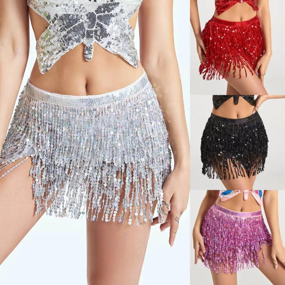Sequins Belly Dance Waist Chain 4-Layer Tassel Hip Scarf Latin Dance Hula Short Skirt  Party