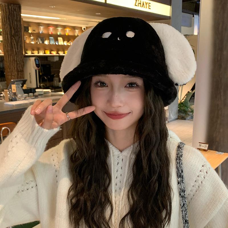 Puppy ears plush bucket hat female winter cute student versatile small face thickened warm basin hat