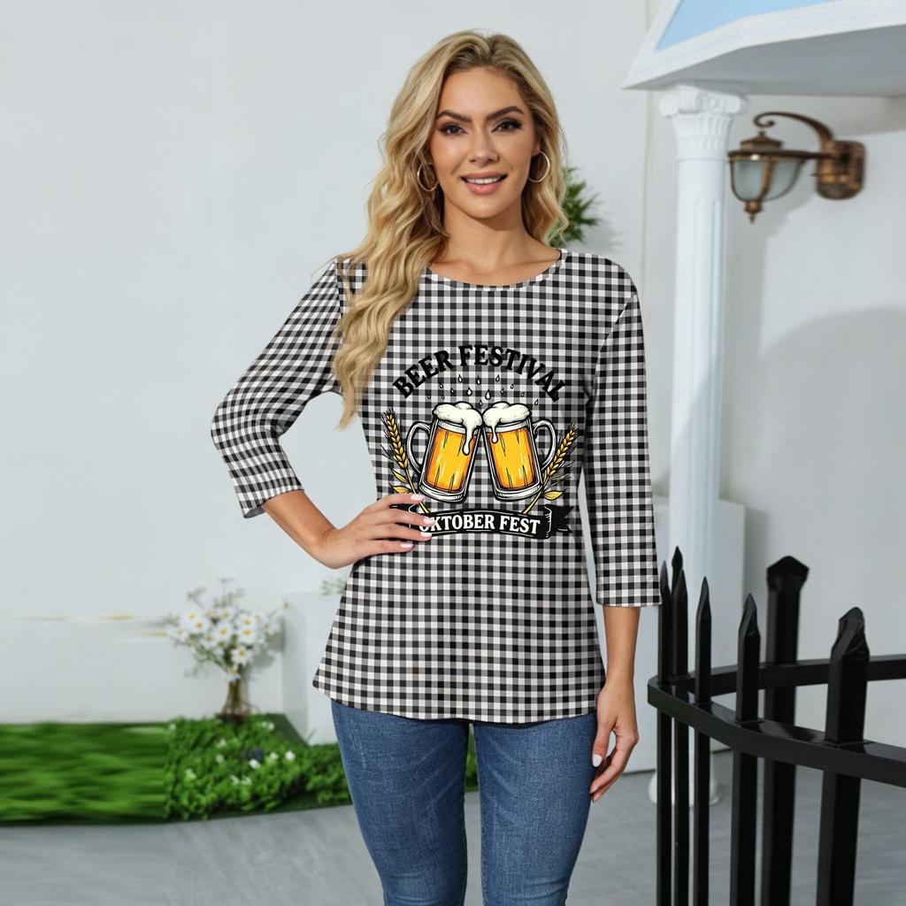 Women's Casual Three Quarter Sleeve Round Neck Top with Beer Festival Print Oktober Fest Pattern Lightweight Comfortable Fit