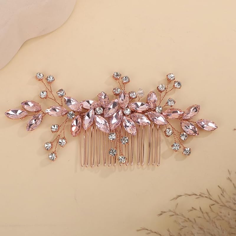 Red Rhinestones Side Headpiece for Women Handmade Hair Comb with Crystal Handmade Long Hair Accessories (Red)