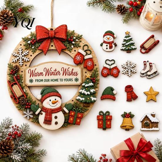 Christmas Party Wall Accents Interchangeable Wooden Wreath, 12 Pcs Front Door Plaque, DIY Decorative Wreath for Entrance Handmade Pattern Hanging