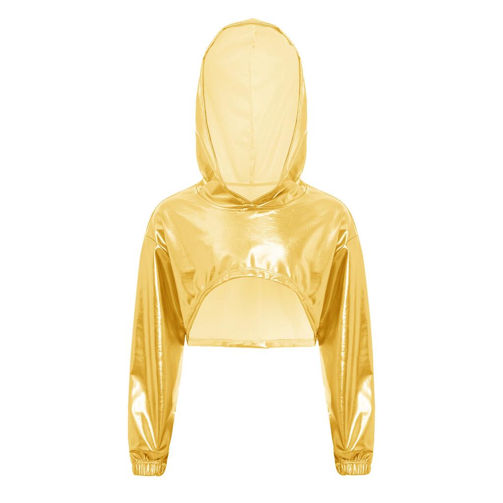Costume de Performance de Danse Hip Hop Jazz pour Filles Ourlet Asymétrique Sweat à Capuche Métallique Haut Court à Manches Longues