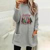 Women's Christmas Print Round Neck Long Sleeve Plush Hoodie with Pockets