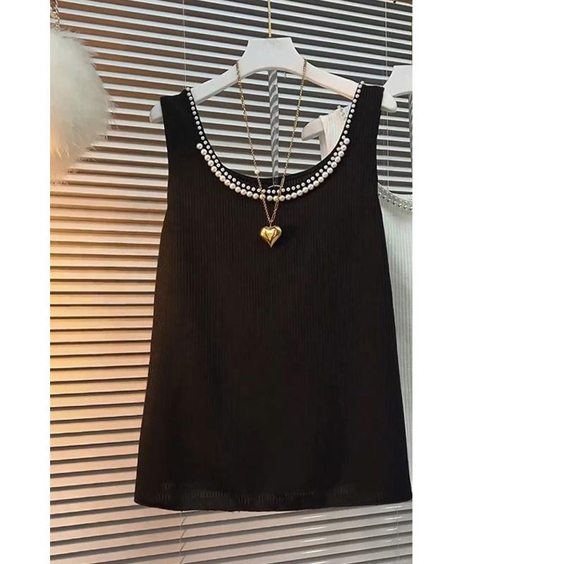 

Весенне-летняя женская повседневная жилетка с бисером и вырезом, однотонная модная элегантная безрукавная трикотажная простая рубашка, повседневная базовая женская одежда One size чёрный