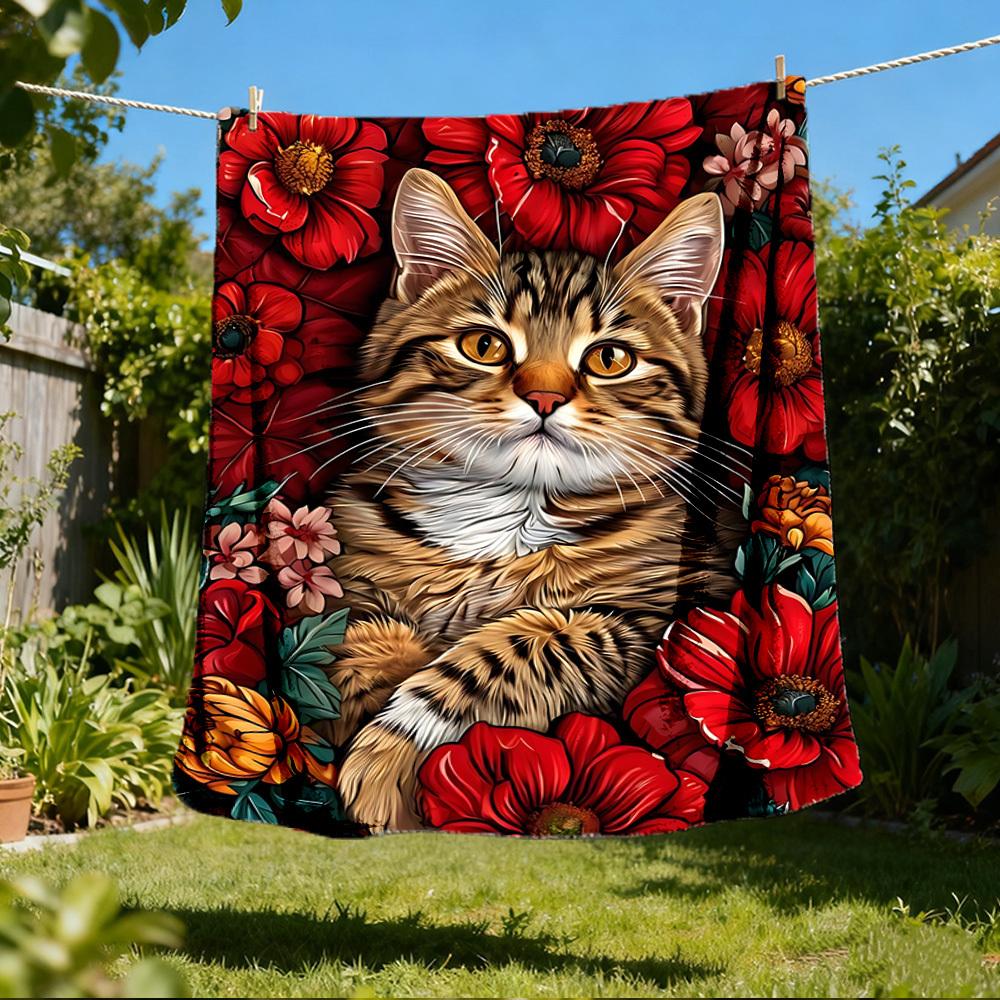 1 шт. Кот Цветочный Принт Принт Уличный Плед, Легкий Полиэстер, 80x120cm