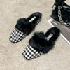 Fashion Aphixta Winter Gingham Upper Long Real Rabbit Fur Plush Women Slippers Nature Warm Furry Shoes Square Toe Flat Heel Hair Slides