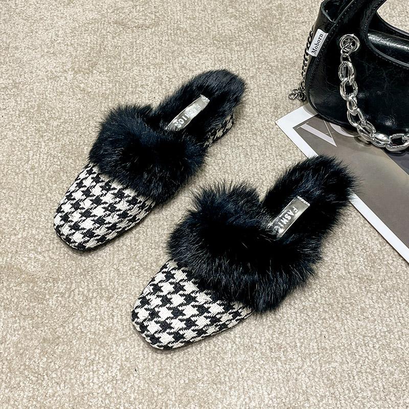 Fashion Aphixta Winter Gingham Upper Long Real Rabbit Fur Plush Women Slippers Nature Warm Furry Shoes Square Toe Flat Heel Hair Slides