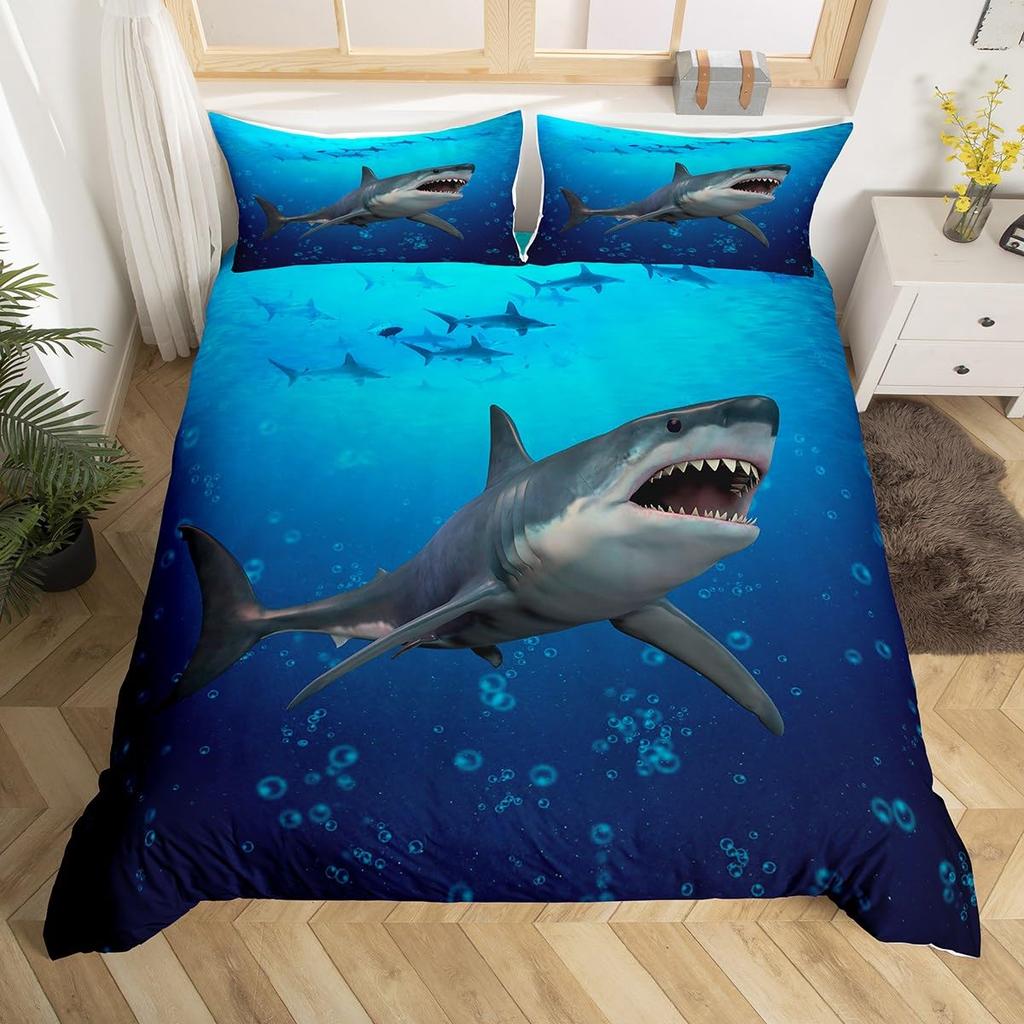 Shark Duvet Cover Queen Marine Life Comforter Cover Blue And White Cartoon Shark Bedding Set Nautical Ocean Theme Quilt Cover