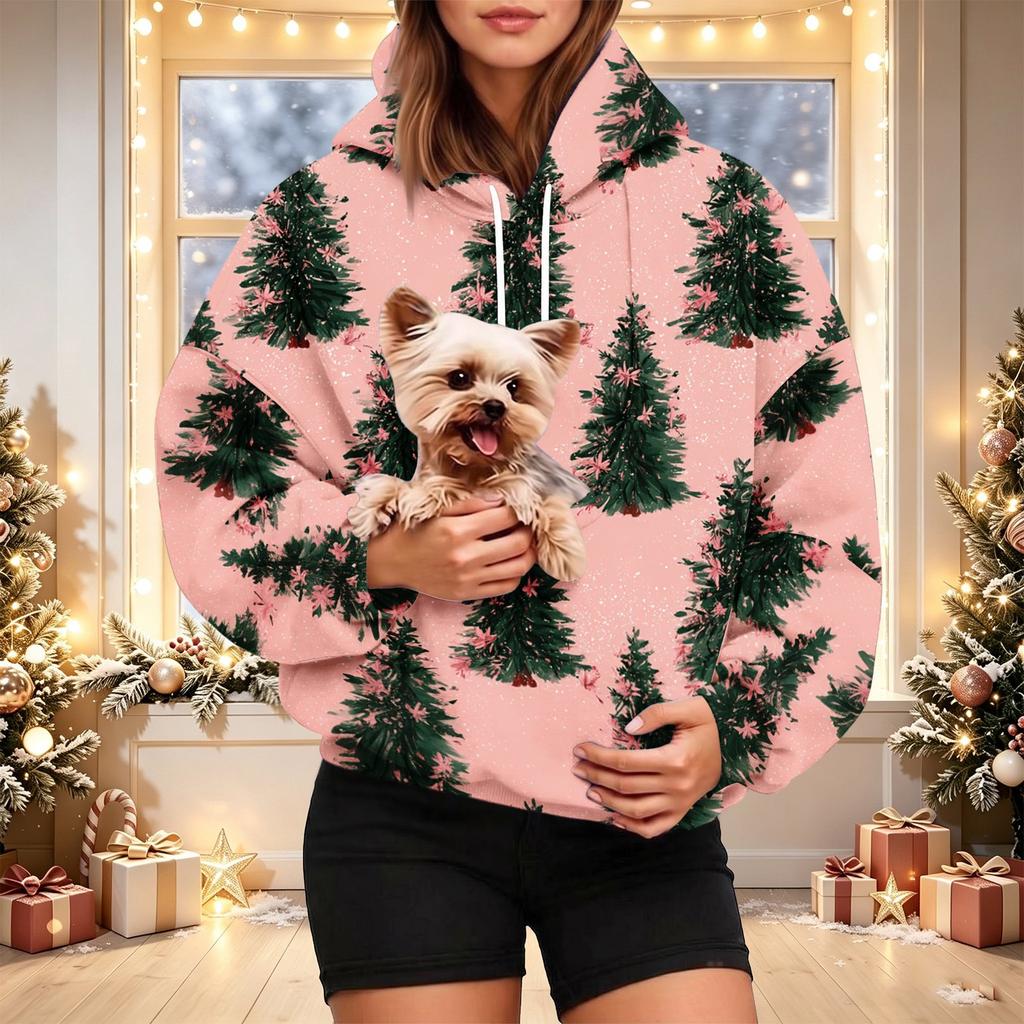 Damen Christmas Print Kapuzenpullover mit Haustier-Tasche Langarm Lässiger Pullover für die Feiertage