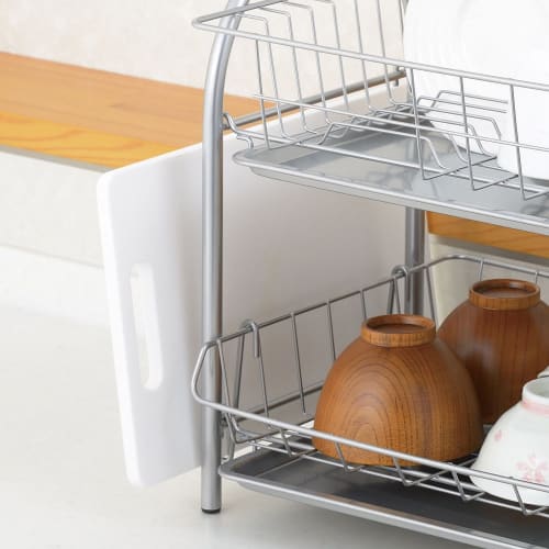 Wahei Freiz Iron Dish Drainer, Plonge, 2-Tier, Powder Coated, with Cutlery Pocket and Cutting Board Holder, PM-9017