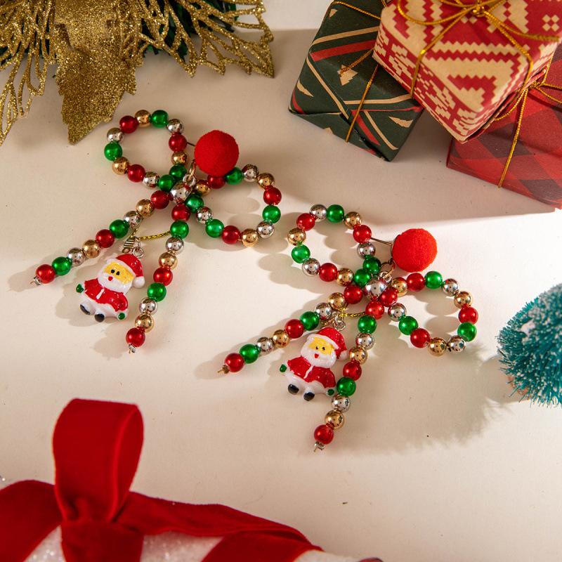 Colored Beaded Bow Hairball Earrings Creative Santa Pendant Christmas Earrings