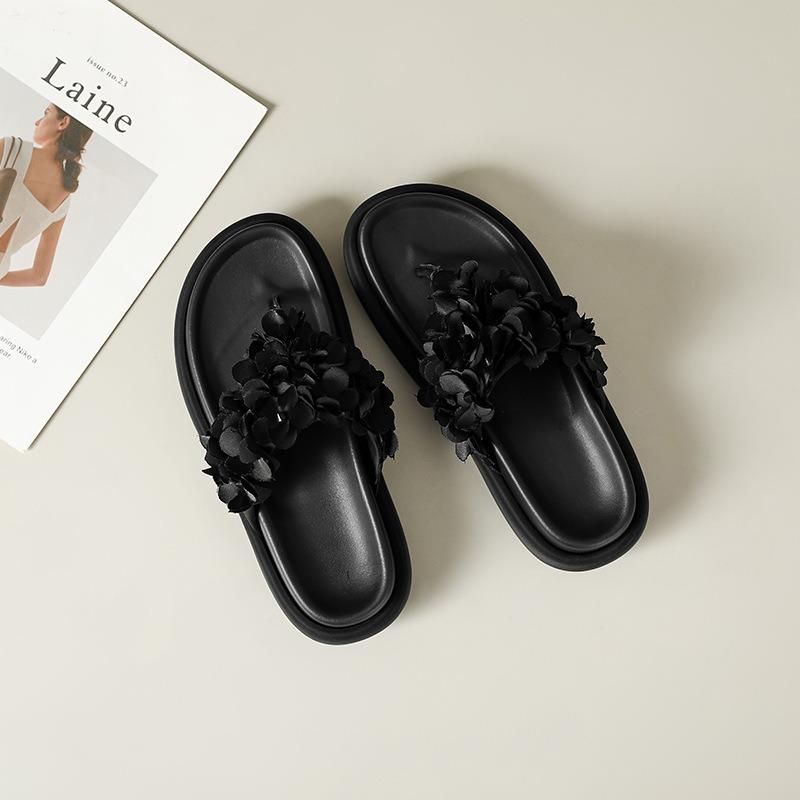 

New cloth flower heightened thick-bottomed wedge slippers fashionable round head bow with outer wear women s slippers 35 чёрный