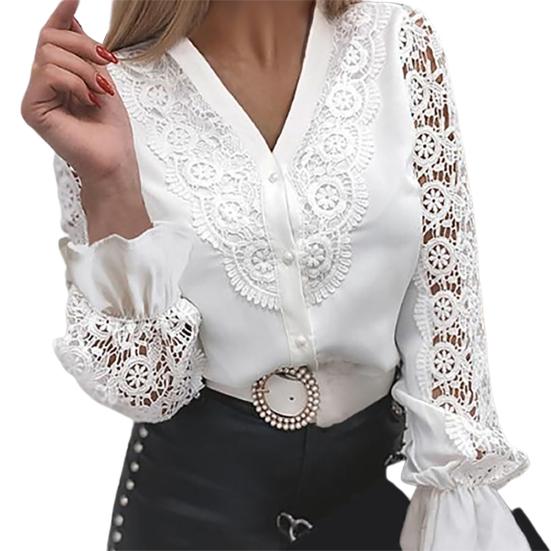 Camisa de Manga Comprida com Recortes Top Feminino de Botão Único Blusa com Patchwork de Renda para o Escritório