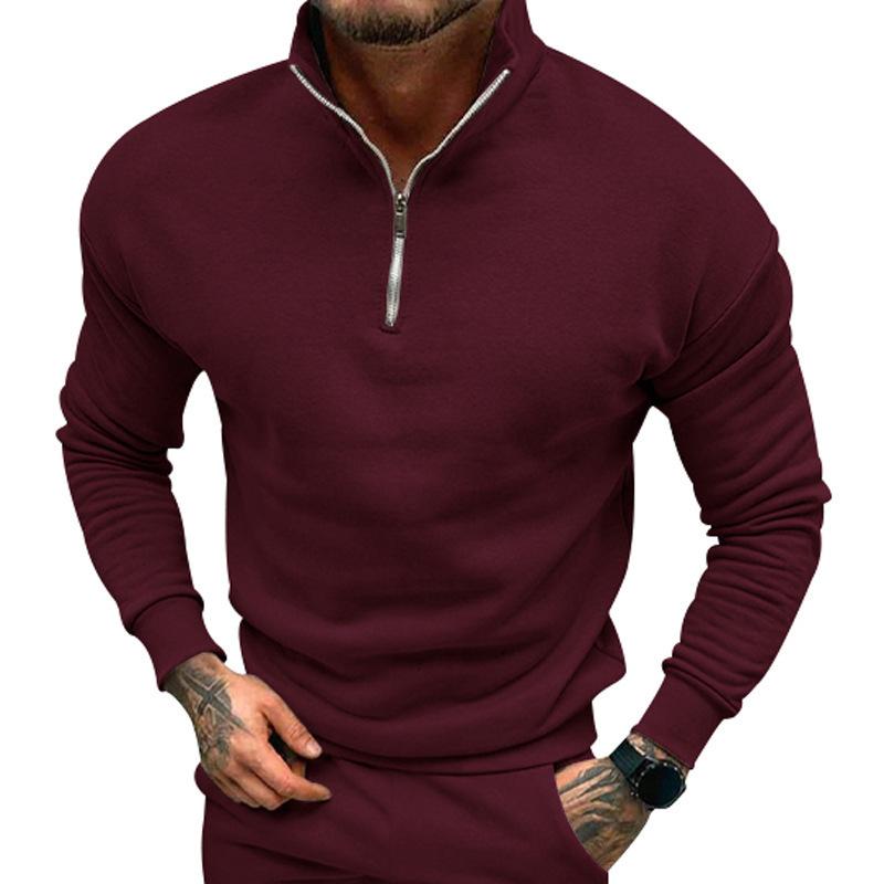 Mens Casual Solid Fleece Lined Long Sleeve Half Zip Stand Collar Polo Shirt