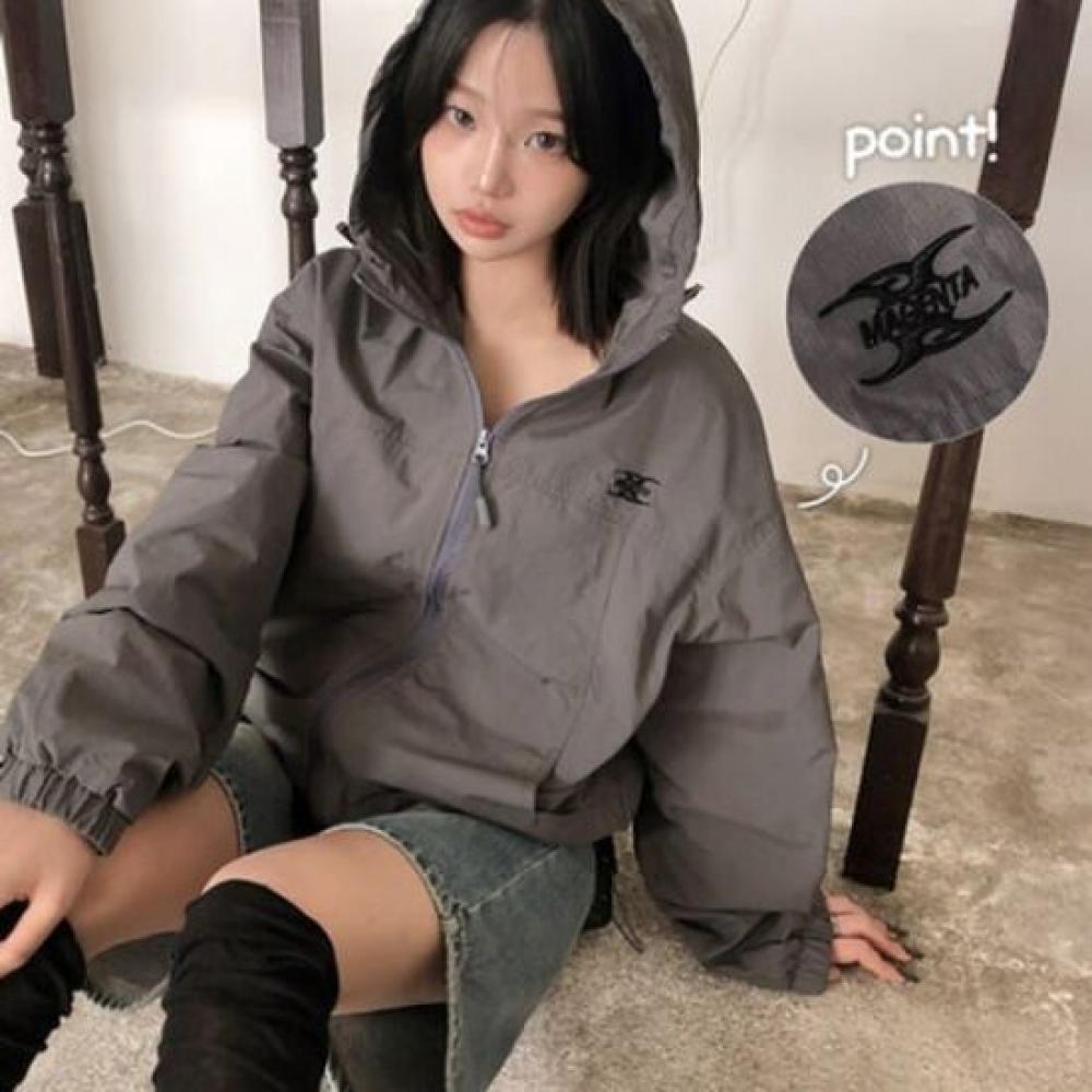 The Pink Loose Fit Embroidered Two Way Hooded Nylon Windbreaker