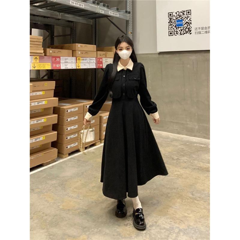 Contrast Color Lapel Temperament Waist Line Fake Two-piece Skirt High-end Niche Corduroy Dress Women