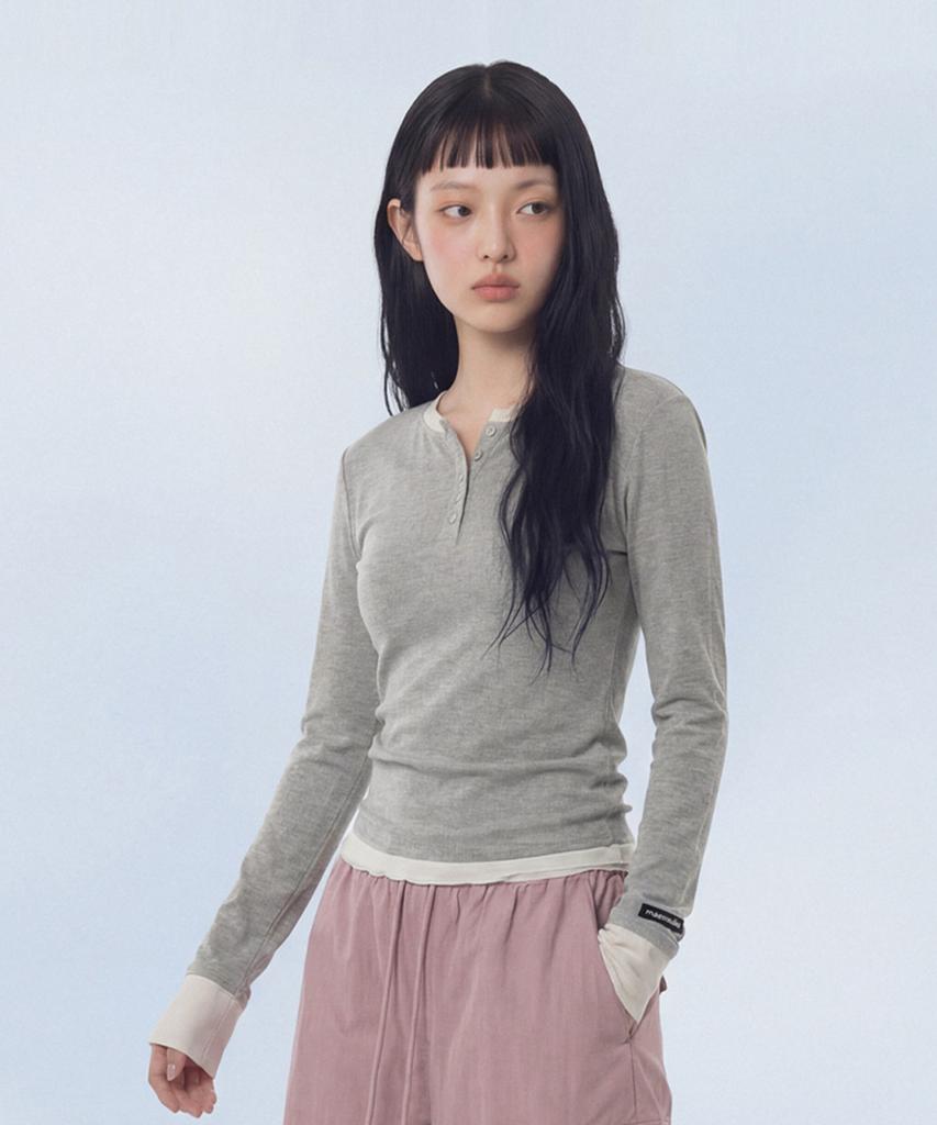 Maseumaluljeueopaeleol Mash Layered Henry Neck Top_Melange Gray
